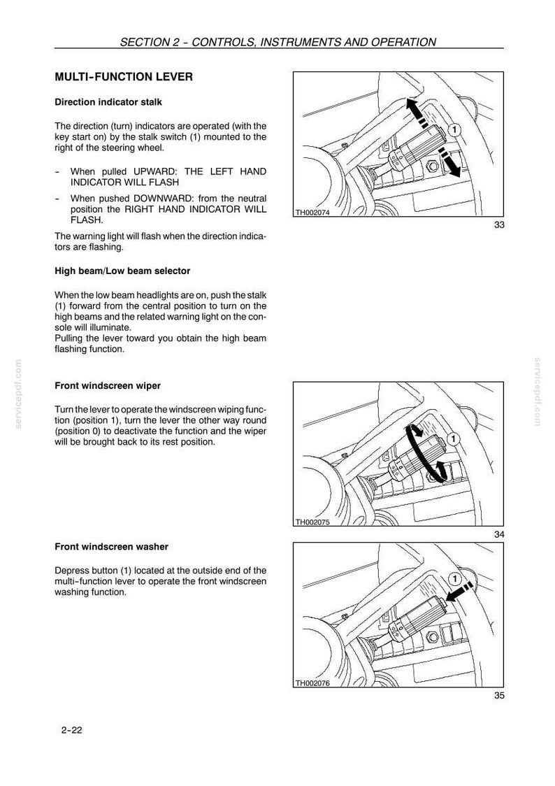 May include: Diagram of a car's multi-function lever, illustrating the direction indicator stalk, high beam/low beam selector, front windscreen wiper, and washer functions. Includes text and diagrams for each function.
