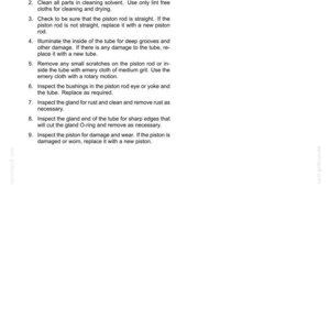 May include: A white document with black text detailing inspection steps for a loader bucket control cylinder. The text includes instructions for cleaning, checking, and replacing parts. The document is for a hydraulic system.