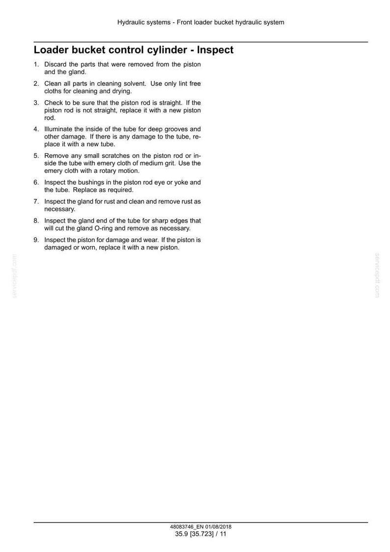 May include: A white document with black text detailing inspection steps for a loader bucket control cylinder. The text includes instructions for cleaning, checking, and replacing parts. The document is for a hydraulic system.