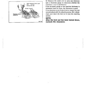 May include: A black and white technical manual page titled ENGINE - SERVICE PROCEDURES 11. It features a diagram showing a thickness gauge measuring valve clearance, with text specifying 0.4 mm intake and 0.6 mm exhaust, plus 59 Nm torque.