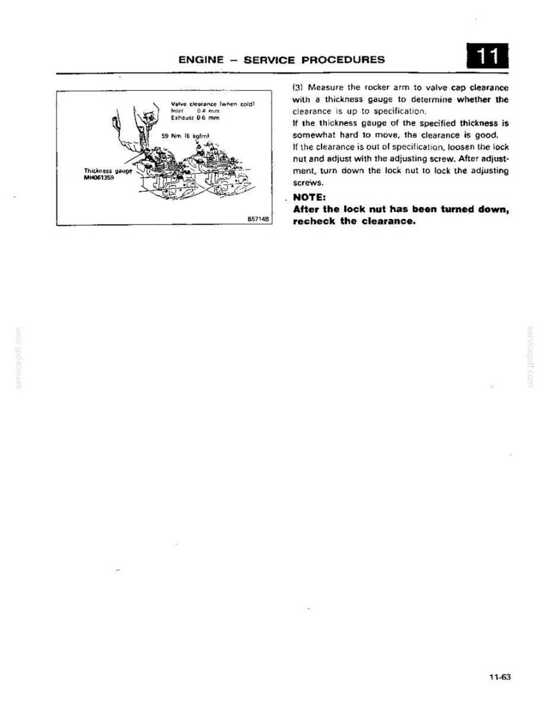 May include: A black and white technical manual page titled ENGINE - SERVICE PROCEDURES 11. It features a diagram showing a thickness gauge measuring valve clearance, with text specifying 0.4 mm intake and 0.6 mm exhaust, plus 59 Nm torque.
