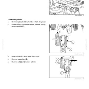 May include: Diagrams illustrating hydraulic system components and procedures. Includes close-up views of drawbar cylinder disassembly, with numbered steps and part callouts. Text instructions accompany the images, detailing removal of pins, nuts, and cylinders.