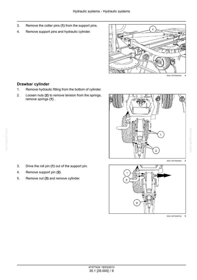 May include: Diagrams illustrating hydraulic system components and procedures. Includes close-up views of drawbar cylinder disassembly, with numbered steps and part callouts. Text instructions accompany the images, detailing removal of pins, nuts, and cylinders.