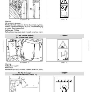 May include: A technical document page titled 2-SAFETY INFORMATION displaying three safety signs: an air conditioner compressor warning with R134a refrigerant, a hot surface warning for an exhaust heat shield, and a tie down sign for wheels.