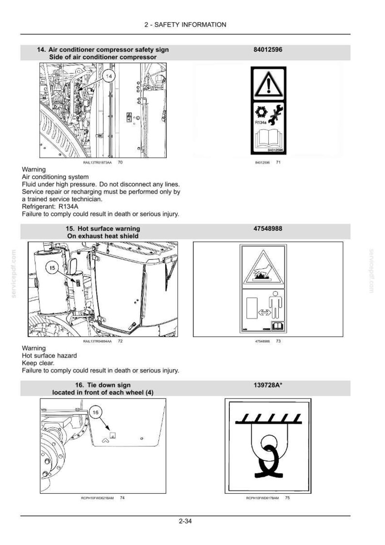 May include: A technical document page titled 2-SAFETY INFORMATION displaying three safety signs: an air conditioner compressor warning with R134a refrigerant, a hot surface warning for an exhaust heat shield, and a tie down sign for wheels.