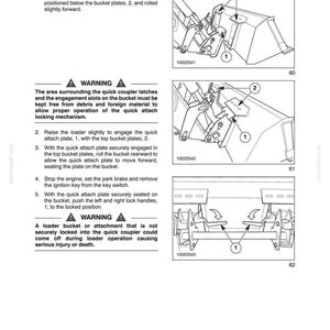 May include: A technical manual page titled SECTION 2 - OPERATION, detailing the process for MOUNTING THE QUICK ATTACH BUCKET. It includes three black and white line drawings showing a loader, a quick attach plate, bucket plates, and lock handles.