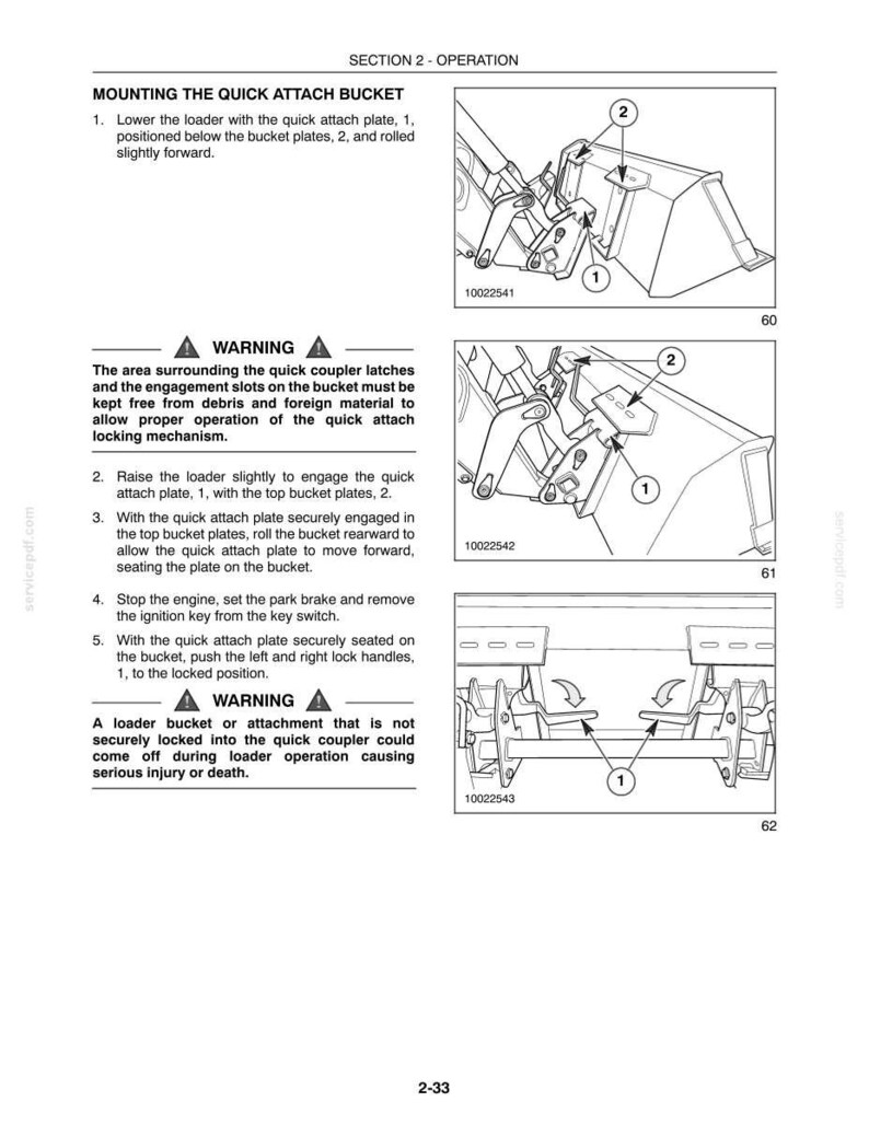 May include: A technical manual page titled SECTION 2 - OPERATION, detailing the process for MOUNTING THE QUICK ATTACH BUCKET. It includes three black and white line drawings showing a loader, a quick attach plate, bucket plates, and lock handles.