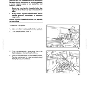 May include: A technical manual page titled Section 4 - Lubrication and Maintenance, featuring a warning about high-pressure fuel oil, instructions to bleed the fuel system, and two black-and-white line drawings labeled 31 and 32 showing engine parts.