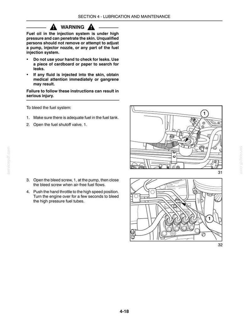 May include: A technical manual page titled Section 4 - Lubrication and Maintenance, featuring a warning about high-pressure fuel oil, instructions to bleed the fuel system, and two black-and-white line drawings labeled 31 and 32 showing engine parts.