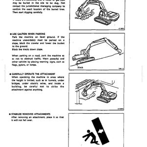 May include: A technical manual page featuring four black and white line drawings of an excavator. The illustrations depict safety procedures for digging near utility lines, parking on a slope, operating in low-clearance areas, and stabilizing attachments.