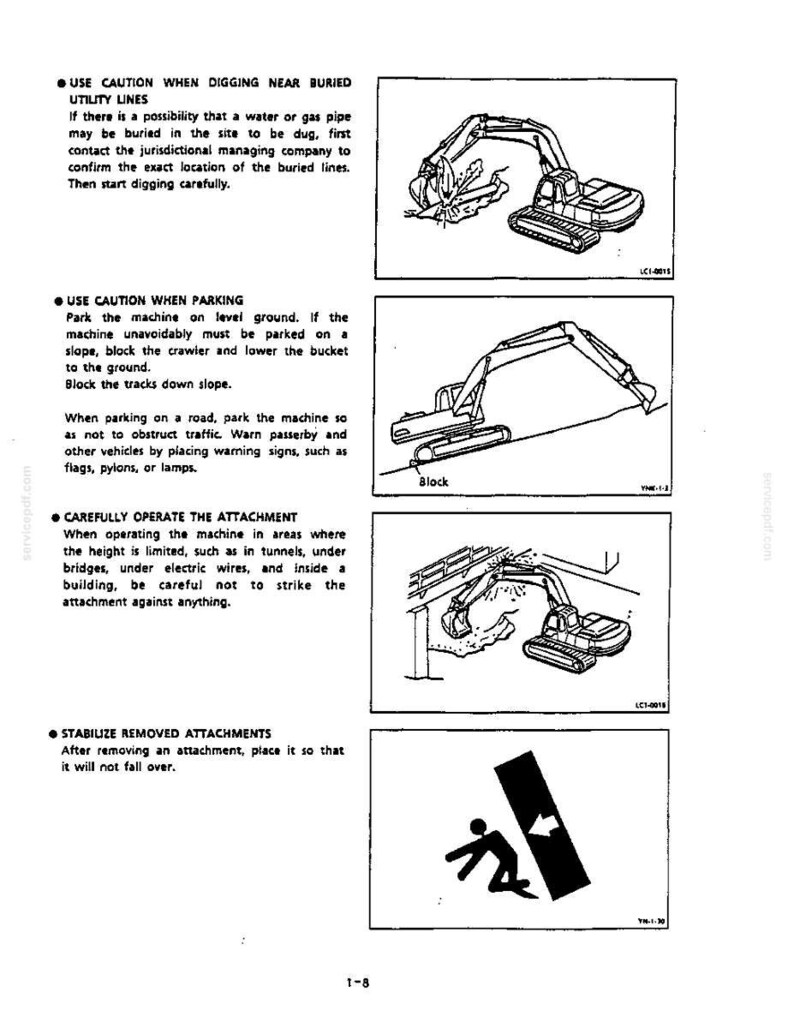May include: A technical manual page featuring four black and white line drawings of an excavator. The illustrations depict safety procedures for digging near utility lines, parking on a slope, operating in low-clearance areas, and stabilizing attachments.