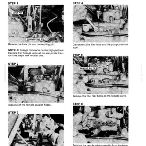May include: A black and white diagram illustrating the steps for servicing a remote valve, couplings, and linkage. The diagram includes close-up images with labels and instructions for each step, such as removing pins, disconnecting tubes, and removing bolts.
