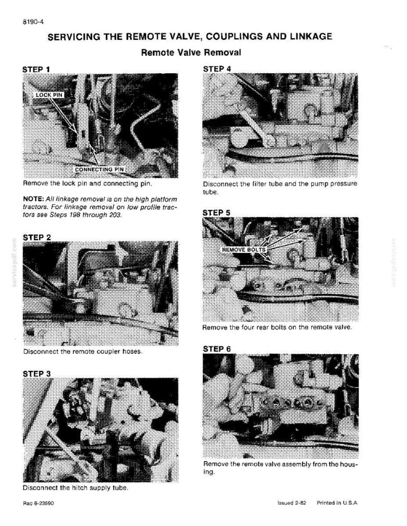 May include: A black and white diagram illustrating the steps for servicing a remote valve, couplings, and linkage. The diagram includes close-up images with labels and instructions for each step, such as removing pins, disconnecting tubes, and removing bolts.