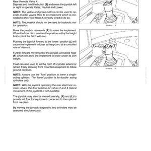 May include: A technical manual page titled 6-WORKING OPERATIONS featuring two black and white line drawings of a joystick control. The diagrams illustrate button 1 and directional movements labeled F, L, N, and R for operating hydraulic valves.