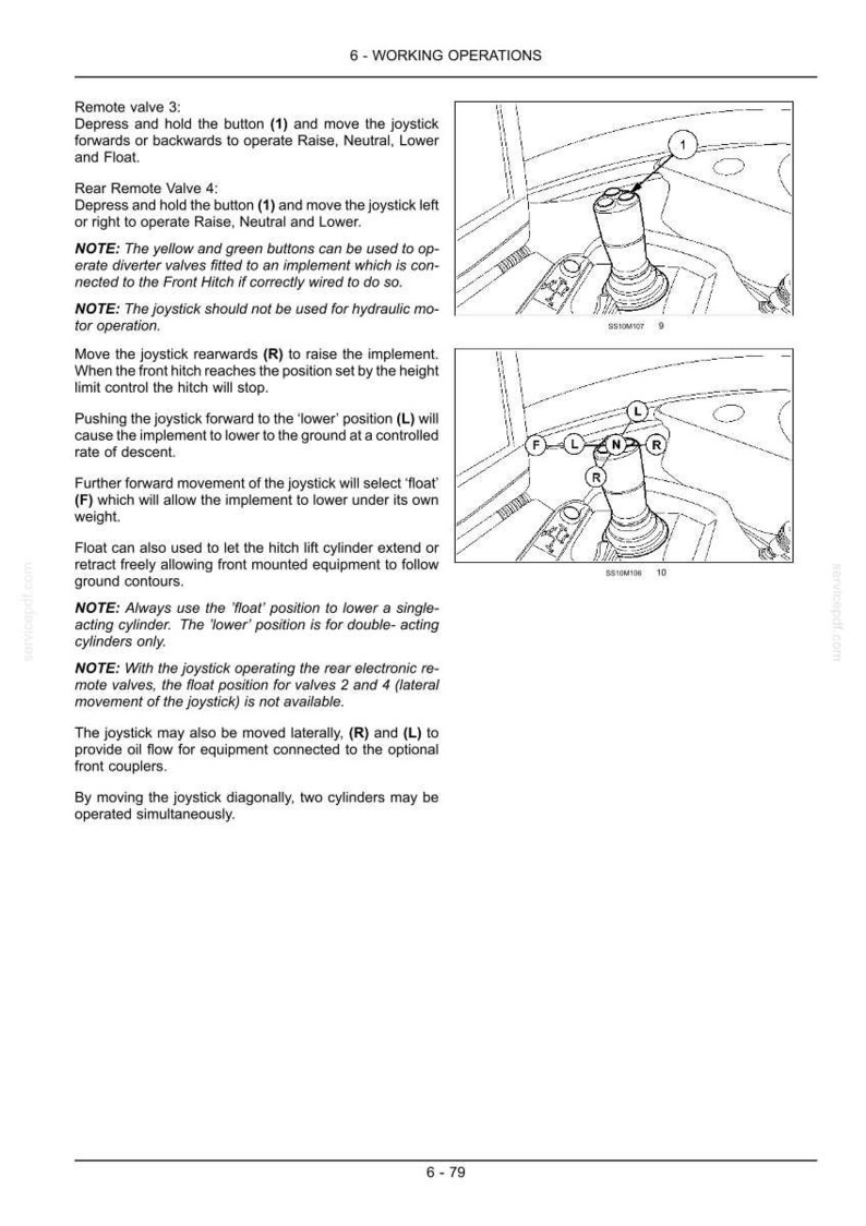 May include: A technical manual page titled 6-WORKING OPERATIONS featuring two black and white line drawings of a joystick control. The diagrams illustrate button 1 and directional movements labeled F, L, N, and R for operating hydraulic valves.
