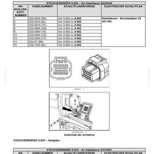 May include: A technical document titled Kabelsteckverbinder - Bauteildiagramm 82, featuring tables for connector X-820 and X-823. It includes pin numbers, cable codes, wiring references, and two line drawings of electrical connectors and their placement.