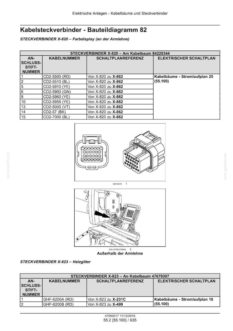 May include: A technical document titled Kabelsteckverbinder - Bauteildiagramm 82, featuring tables for connector X-820 and X-823. It includes pin numbers, cable codes, wiring references, and two line drawings of electrical connectors and their placement.