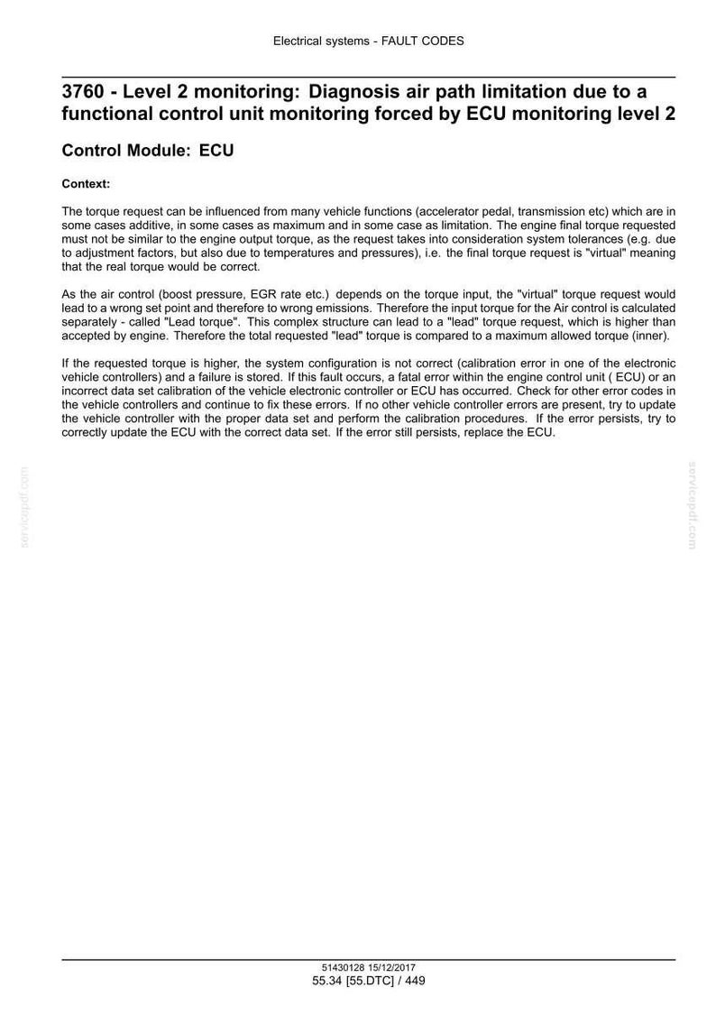 May include: A document detailing fault code 3760, related to air path limitation in a vehicle's ECU. The text explains the diagnostic process, potential causes, and troubleshooting steps for the issue. Includes technical terms and system information.