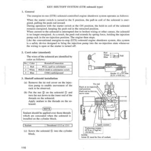 May include: Diagram of an electrical system, detailing the key shutoff system (ETR solenoid type). Includes wiring colors, installation steps, and tightening torque specifications. Features a diagram with a stroke of 13 &plusmn; 0.5 mm (0.51 &plusmn; 0.02 in.).