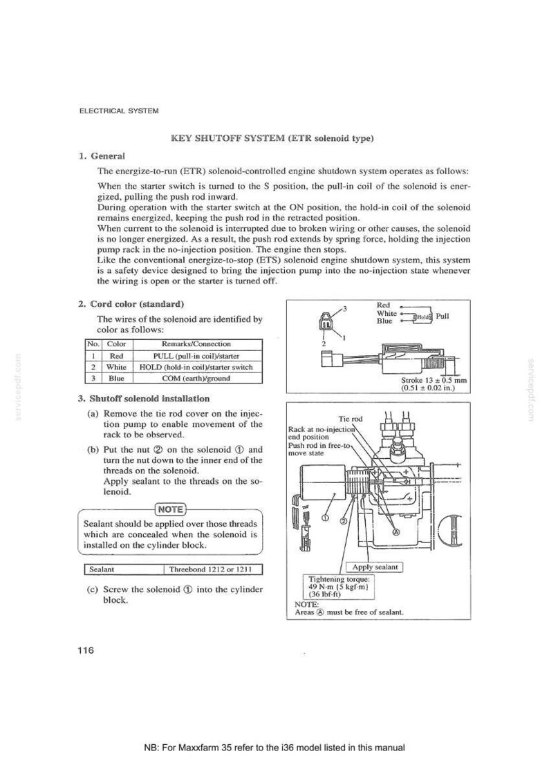 May include: Diagram of an electrical system, detailing the key shutoff system (ETR solenoid type). Includes wiring colors, installation steps, and tightening torque specifications. Features a diagram with a stroke of 13 &plusmn; 0.5 mm (0.51 &plusmn; 0.02 in.).
