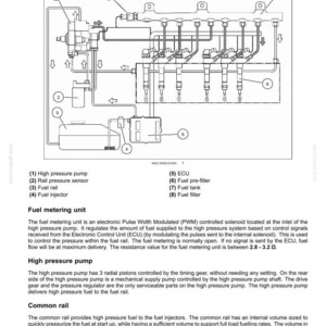 May include: Diagram of a fuel injection system, labeled with components like the high-pressure pump, fuel rail, and injectors. The diagram includes text describing the function of each part, with measurements in ohms.