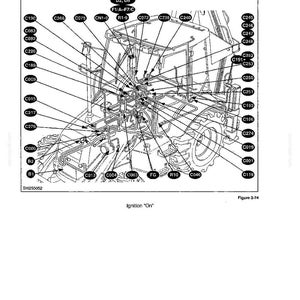 May include: Detailed black and white diagram of a heavy machinery electrical system, labeled with numerous component codes. The diagram includes text that reads "SECTION 3 - ELECTRICAL" and "Ignition 'On'". Figure 3-74 is also visible.