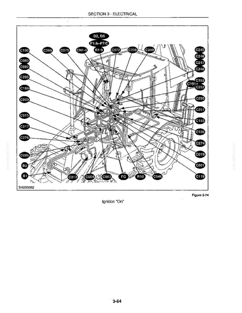 May include: Detailed black and white diagram of a heavy machinery electrical system, labeled with numerous component codes. The diagram includes text that reads "SECTION 3 - ELECTRICAL" and "Ignition 'On'". Figure 3-74 is also visible.