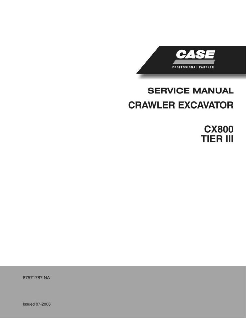 Op de afbeelding: Een witte servicehandleiding voor een rupsgraafmachine. De cover toont het CASE-logo en de tekst "SERVICE MANUAL CRAWLER EXCAVATOR CX800 TIER III." De onderkant van de handleiding heeft de tekst "87571787 NA" en "Issued 07-2006."