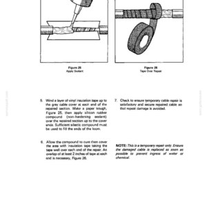 Op de afbeelding: Diagram met kabelreparatie met kit en tape. Figuur 25 toont het aanbrengen van kit, figuur 26 toont tape over de reparatie. Instructies beschrijven het proces, inclusief een overlap van 5 cm tape.