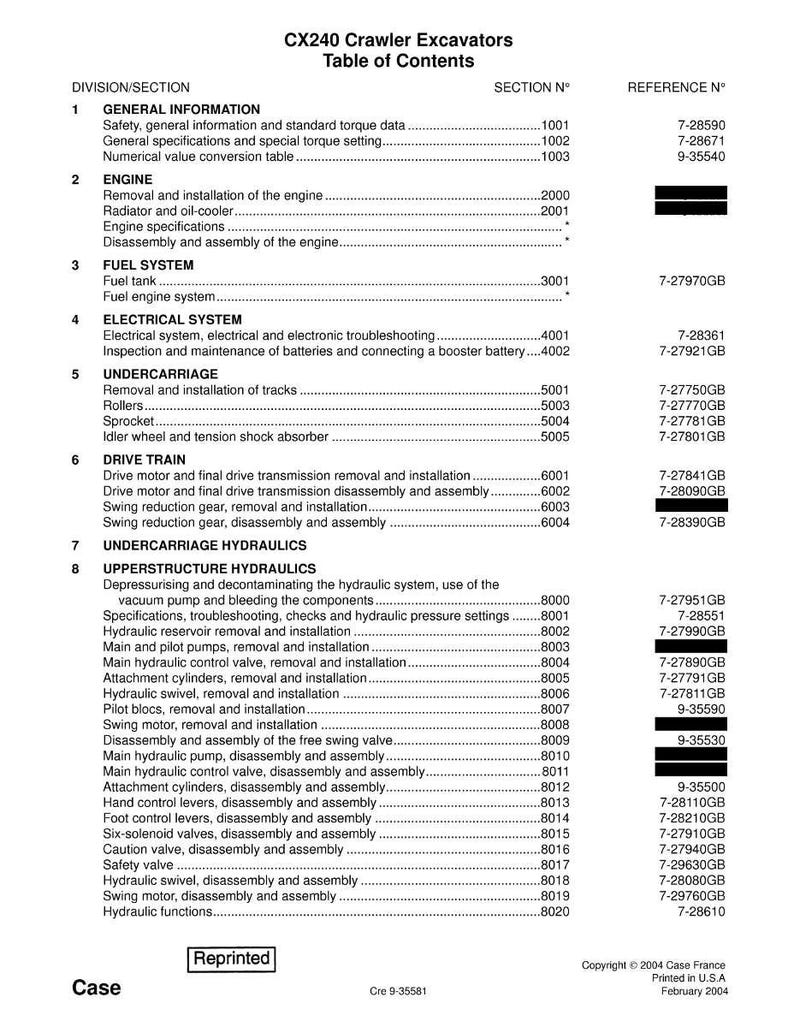May include: A table of contents for CX240 Crawler Excavators, listing sections and reference numbers. Includes sections on general information, engine, fuel system, electrical system, undercarriage, drive train, and hydraulics. Printed in the USA in February 2004.