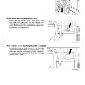K&ouml;nnte beinhalten: Technische Zeichnung aus einem Wartungshandbuch, die die Wartungsverfahren f&uuml;r das Luftfiltersystem einer Maschine zeigt. Die Abbildung zeigt den Vorabscheider und die automatische Entladungsart.
