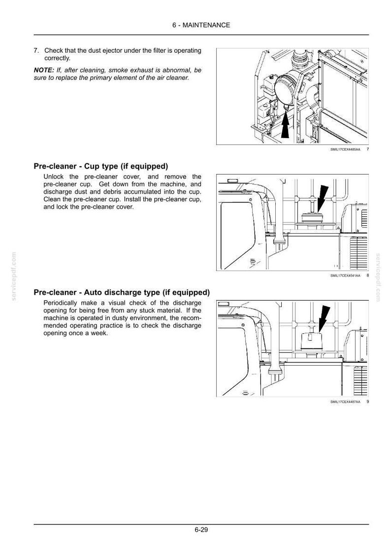 K&ouml;nnte beinhalten: Technische Zeichnung aus einem Wartungshandbuch, die die Wartungsverfahren f&uuml;r das Luftfiltersystem einer Maschine zeigt. Die Abbildung zeigt den Vorabscheider und die automatische Entladungsart.