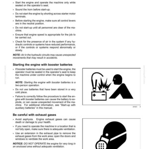 May include: Safety information page with text and illustrations. The page includes warnings about operating machinery, starting engines with booster batteries, and exhaust gases. Illustrations show a battery with sparks and a person, and a person wearing a respirator.