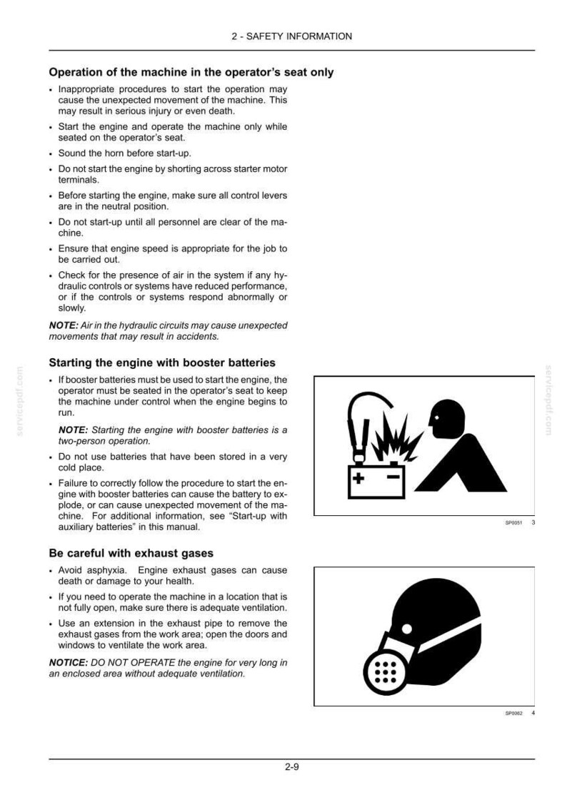 May include: Safety information page with text and illustrations. The page includes warnings about operating machinery, starting engines with booster batteries, and exhaust gases. Illustrations show a battery with sparks and a person, and a person wearing a respirator.