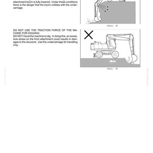 Op de afbeelding: Een pagina uit een veiligheidsdocument getiteld 2-SAFETY INFORMATION met twee zwart-wit lijntekeningen van een graafmachine. Het bovenste diagram waarschuwt voor diep graven, terwijl het onderste diagram waarschuwt tegen het gebruik van trekkracht bij het graven.