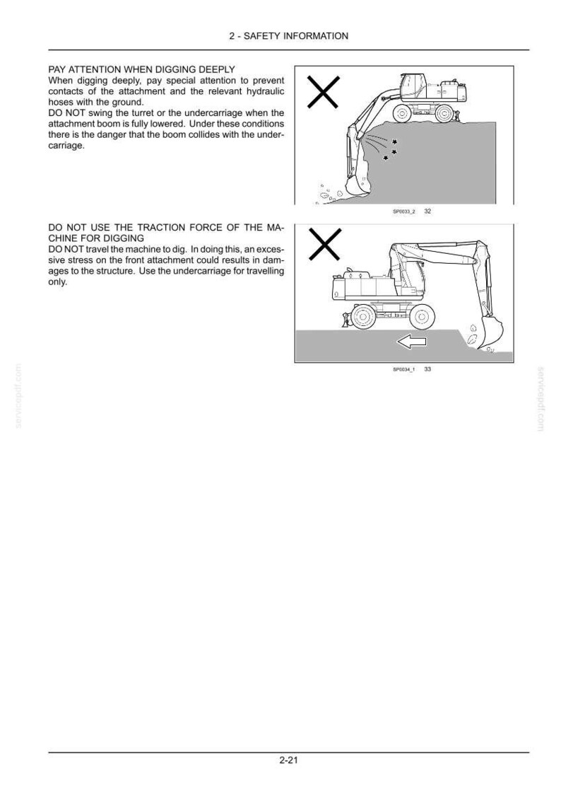 Op de afbeelding: Een pagina uit een veiligheidsdocument getiteld 2-SAFETY INFORMATION met twee zwart-wit lijntekeningen van een graafmachine. Het bovenste diagram waarschuwt voor diep graven, terwijl het onderste diagram waarschuwt tegen het gebruik van trekkracht bij het graven.
