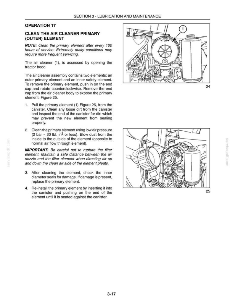 May include: A technical manual page titled Section 3 - Lubrication and Maintenance, Operation 17, Clean the Air Cleaner Primary (Outer) Element. It includes text instructions and two black and white line drawings showing an air cleaner assembly.