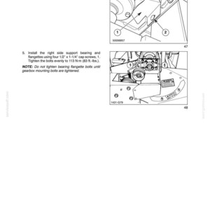 May include: A technical manual page titled SECTION 58 - ATTACHMENTS/HEADERS - CHAPTER 4. It features two black and white line drawings showing mechanical assembly steps, including an inner gearbox shroud, support bearings, and flangettes with bolts.