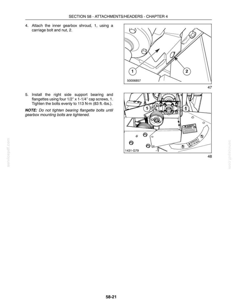 May include: A technical manual page titled SECTION 58 - ATTACHMENTS/HEADERS - CHAPTER 4. It features two black and white line drawings showing mechanical assembly steps, including an inner gearbox shroud, support bearings, and flangettes with bolts.