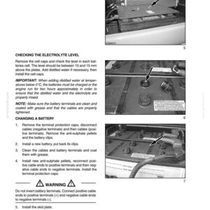 May include: Diagram from a manual showing steps for checking and changing a car battery. Includes images of battery terminals, electrolyte levels, and safety warnings. Text includes instructions and safety precautions.