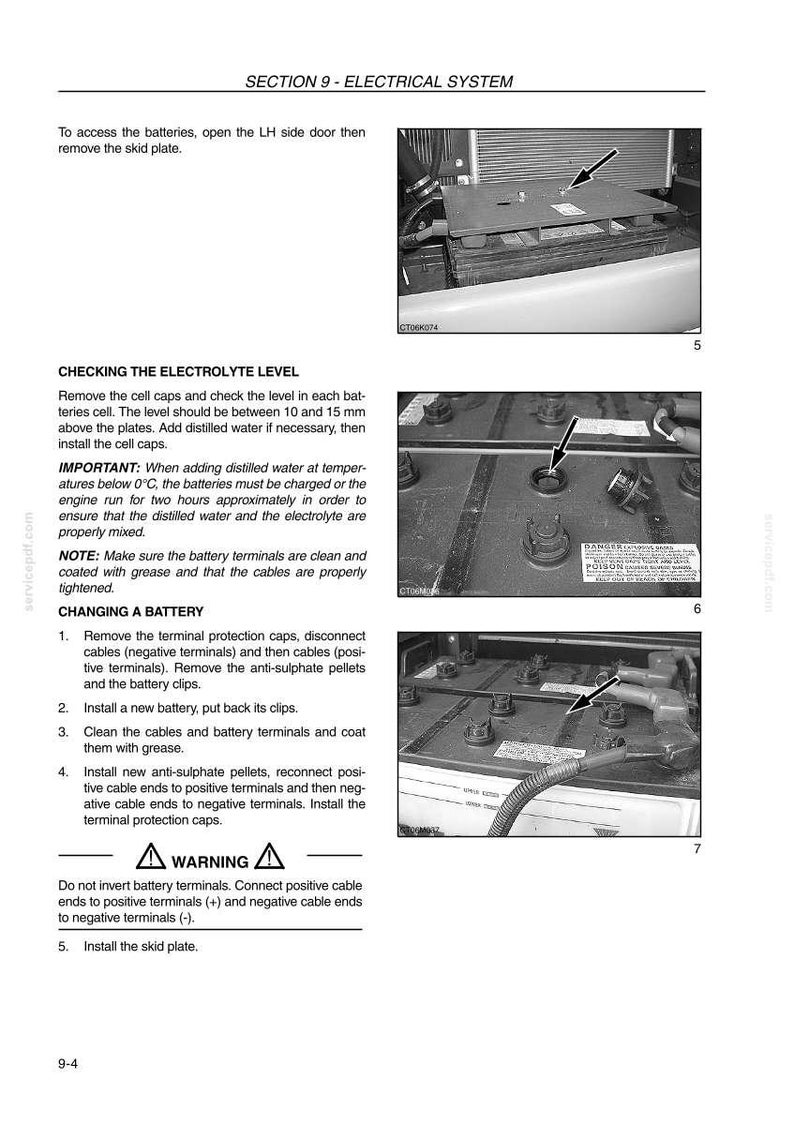 May include: Diagram from a manual showing steps for checking and changing a car battery. Includes images of battery terminals, electrolyte levels, and safety warnings. Text includes instructions and safety precautions.