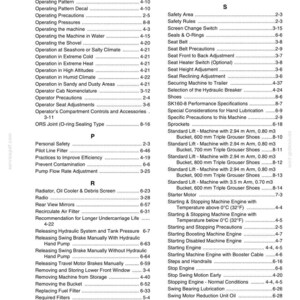 May include: A black and white technical document page titled Chapter 9 - Index, listing alphabetical topics from Opening and Closing Windshield to Swing Ring Gear and Swing Bearing Lubrication, with corresponding page numbers for heavy machinery.