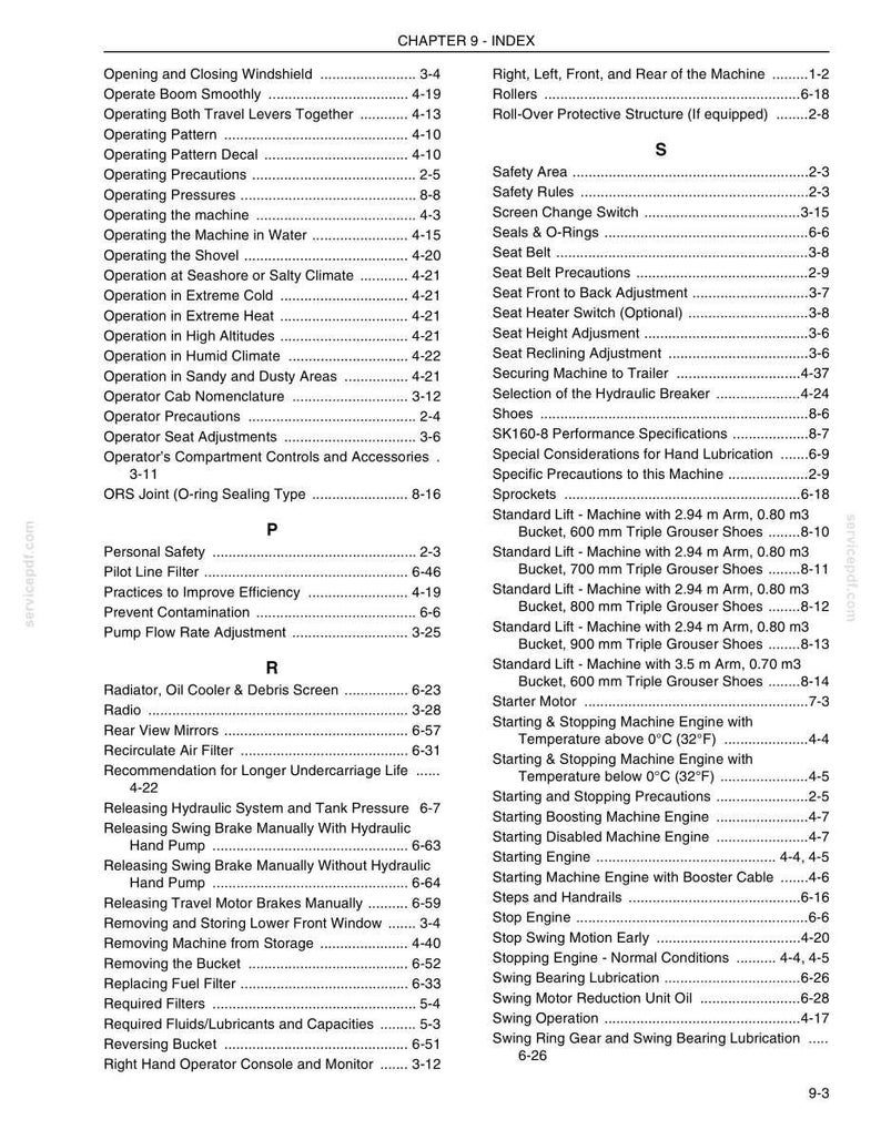 May include: A black and white technical document page titled Chapter 9 - Index, listing alphabetical topics from Opening and Closing Windshield to Swing Ring Gear and Swing Bearing Lubrication, with corresponding page numbers for heavy machinery.