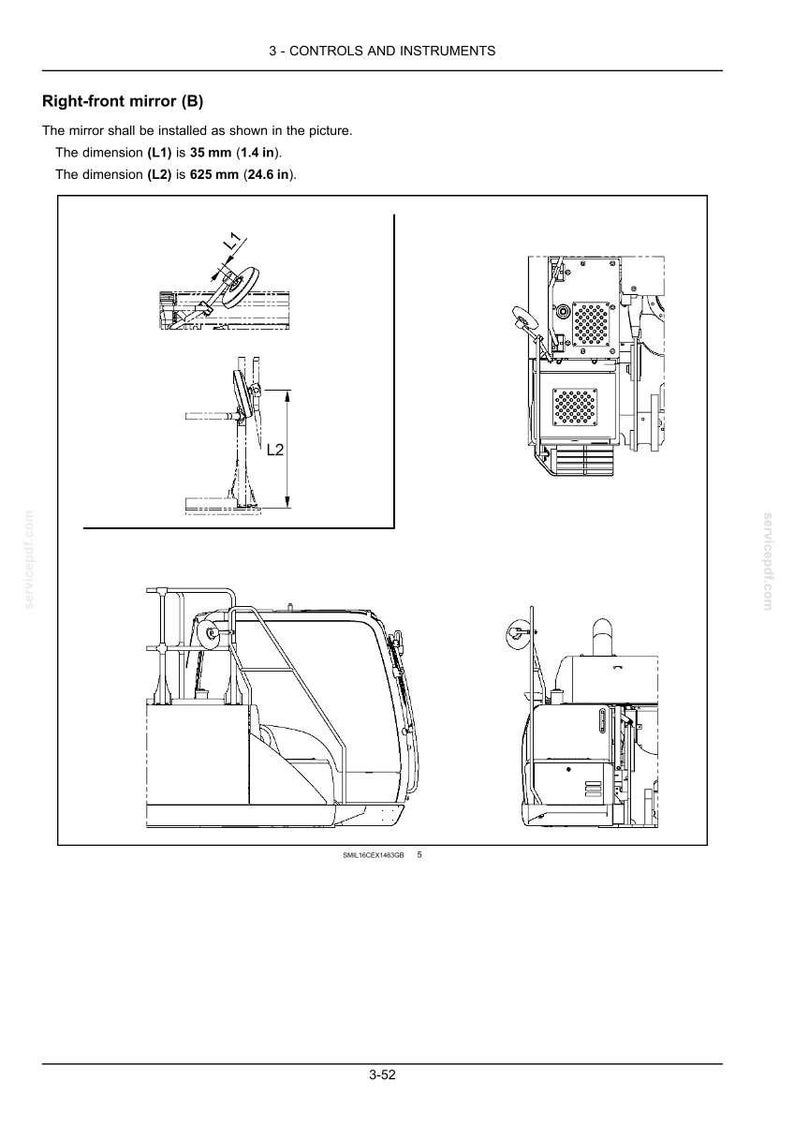 May include: Diagram of a right-front mirror (B) with dimensions. The dimension L1 is 1.4 inches, and L2 is 24.6 inches. The mirror installation is shown in the picture. The image also includes the text "3 - CONTROLS AND INSTRUMENTS".