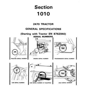 May include: A black and white diagram from a Case Corporation manual. The diagram shows illustrations of a 2470 tractor with circled areas indicating serial number locations: tractor, engine, transmission, cab, and axle.