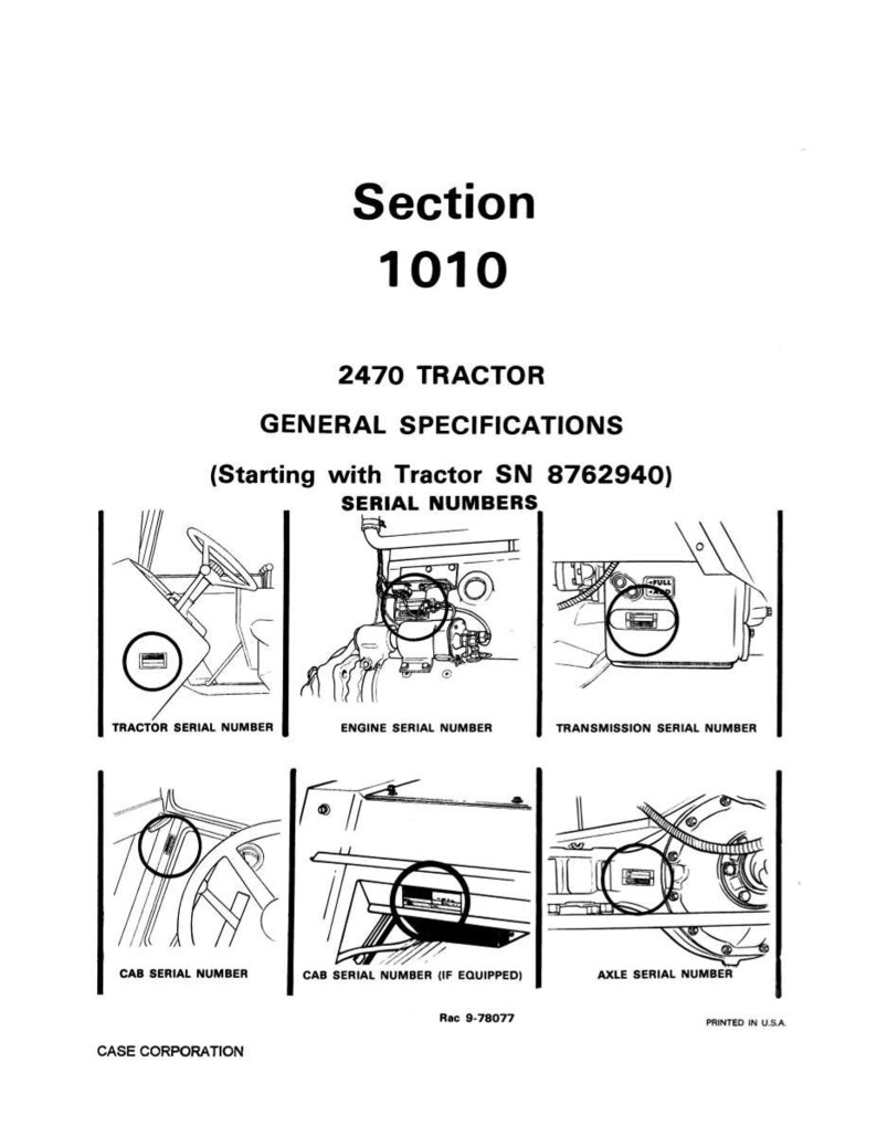 May include: A black and white diagram from a Case Corporation manual. The diagram shows illustrations of a 2470 tractor with circled areas indicating serial number locations: tractor, engine, transmission, cab, and axle.