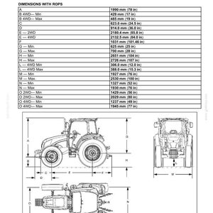 May include: A technical specification document titled 9 - SPECIFICATIONS Dimensions and weights, featuring a table of measurements in millimeters and inches, alongside three black and white line drawings of a tractor from side, rear, and top views.