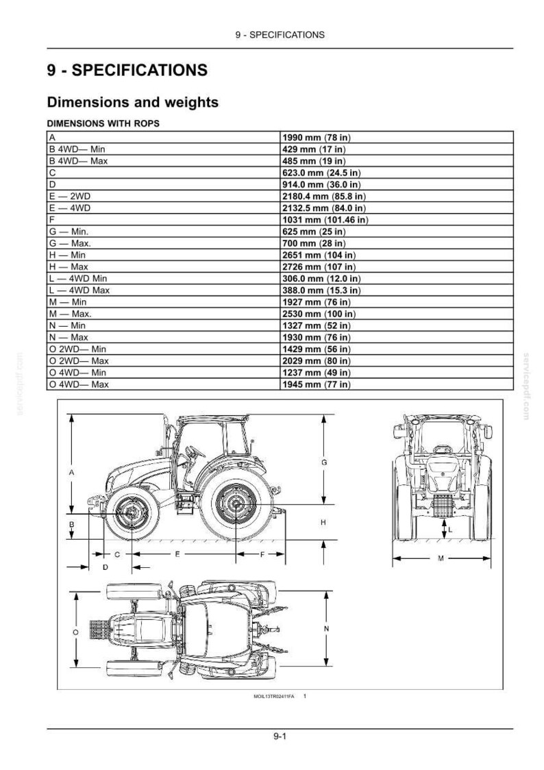 May include: A technical specification document titled 9 - SPECIFICATIONS Dimensions and weights, featuring a table of measurements in millimeters and inches, alongside three black and white line drawings of a tractor from side, rear, and top views.