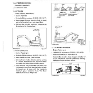 May include: Technical diagram with instructions for measuring travel performance of a machine. Includes diagrams of the machine, measurements in feet and inches, and text detailing test procedures, engine specifications, and hydraulic oil temperature.
