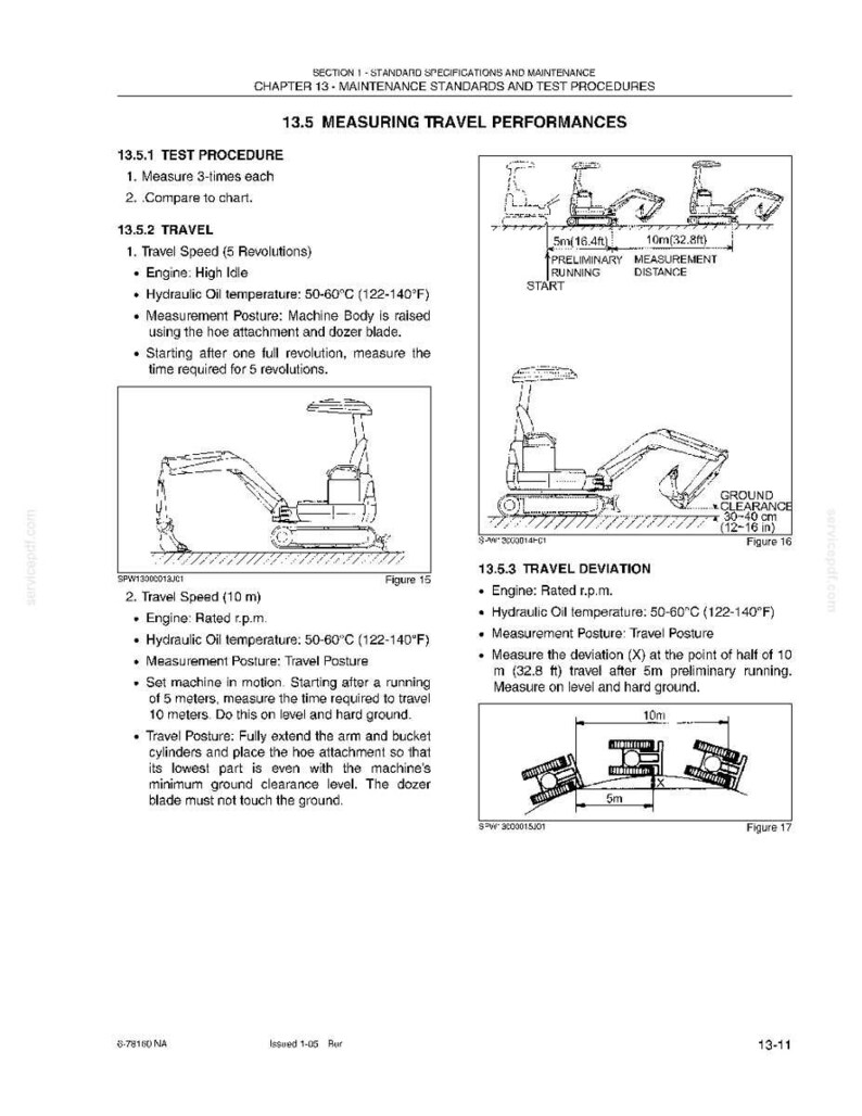 May include: Technical diagram with instructions for measuring travel performance of a machine. Includes diagrams of the machine, measurements in feet and inches, and text detailing test procedures, engine specifications, and hydraulic oil temperature.